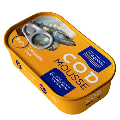 Can of Fish4Dogs Cod Mousse on a white background