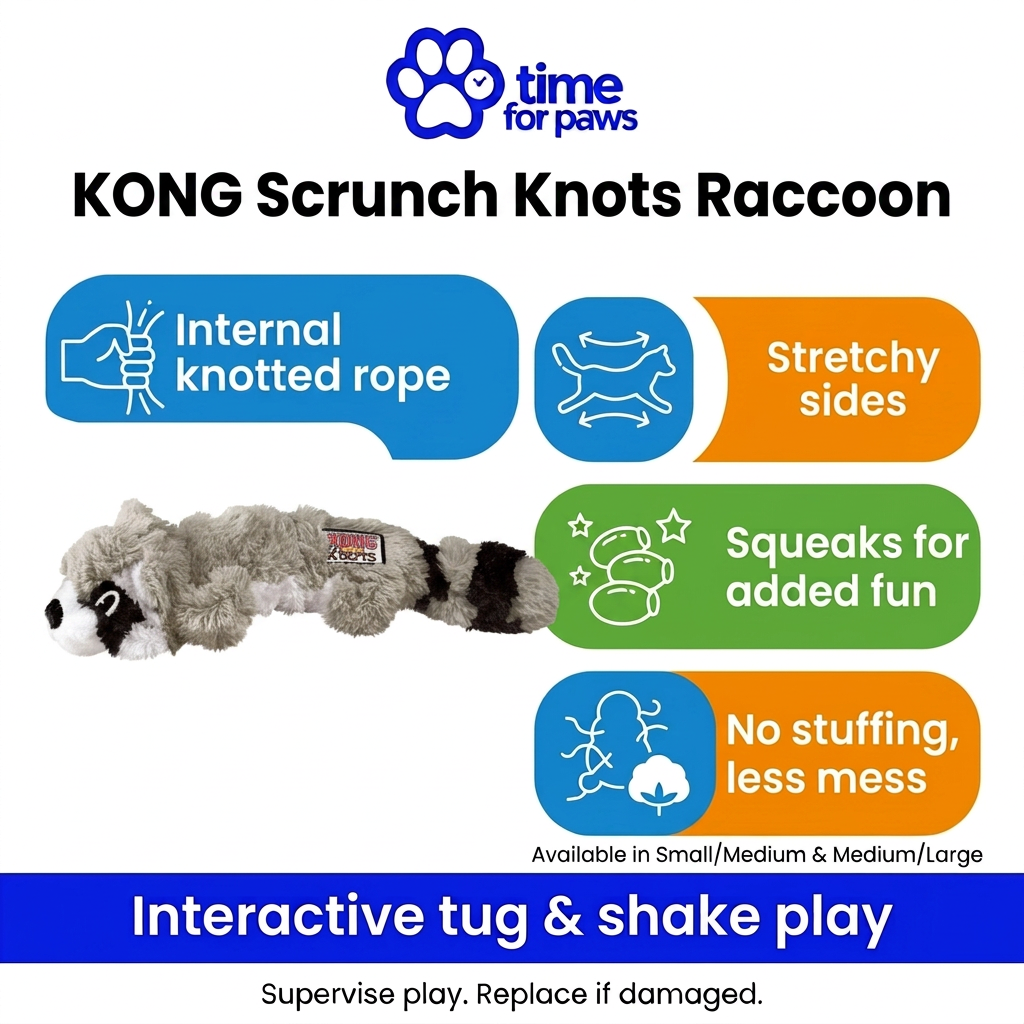 Colourful Time for Paws KONG Scrunch Knots Raccoon infographic