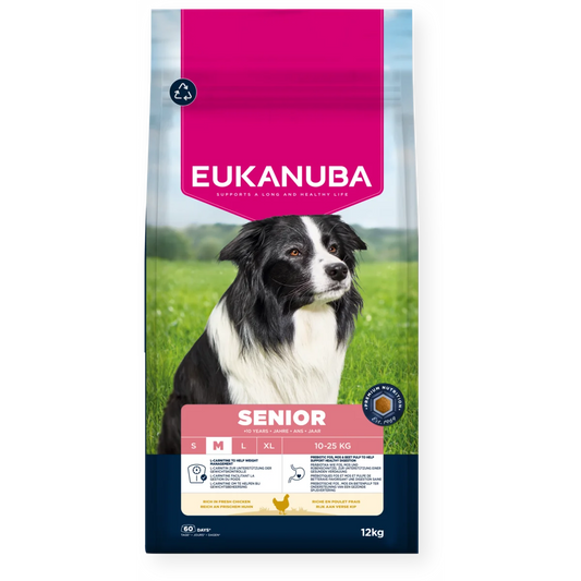 A 12kg bag of Eukanuba Senior dog food, featuring a black and white Border Collie in a green field on the front packaging.