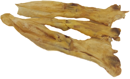 A photo of a rabbit ear-shaped dog treat with no visible hair.
