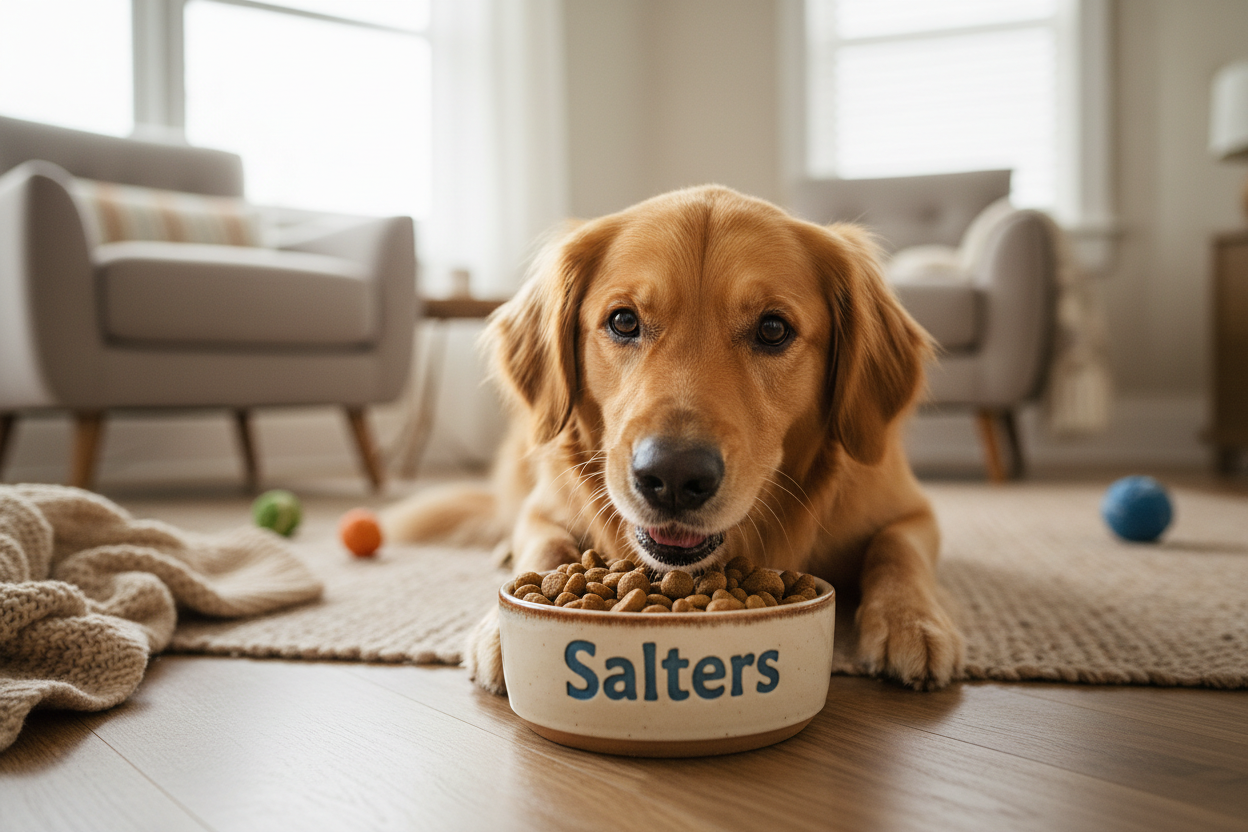 Dog eating Salters kibble from a bowl