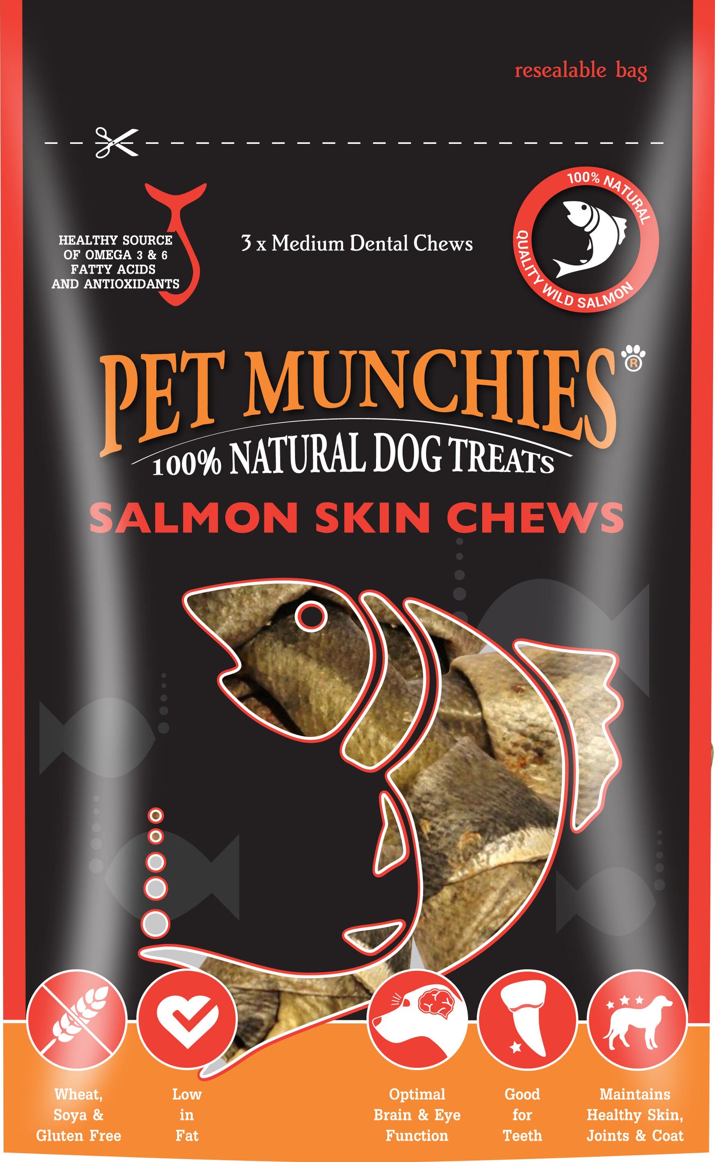 Pet Munchies Dog Treats Medium Salmon Skin Chews 90g