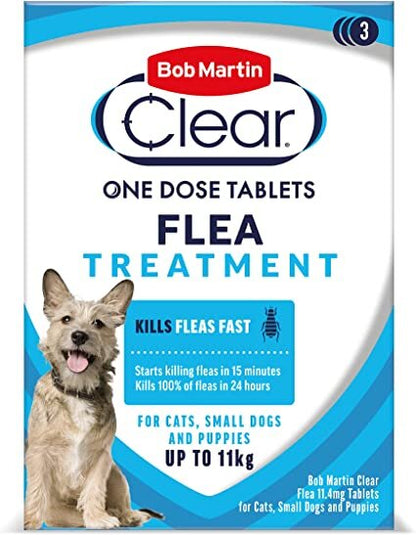 Packaging of Bob Martin Clear One Dose Tablets for flea treatment in pets, indicating suitability for cats, small dogs, and puppies, up to 11kg.