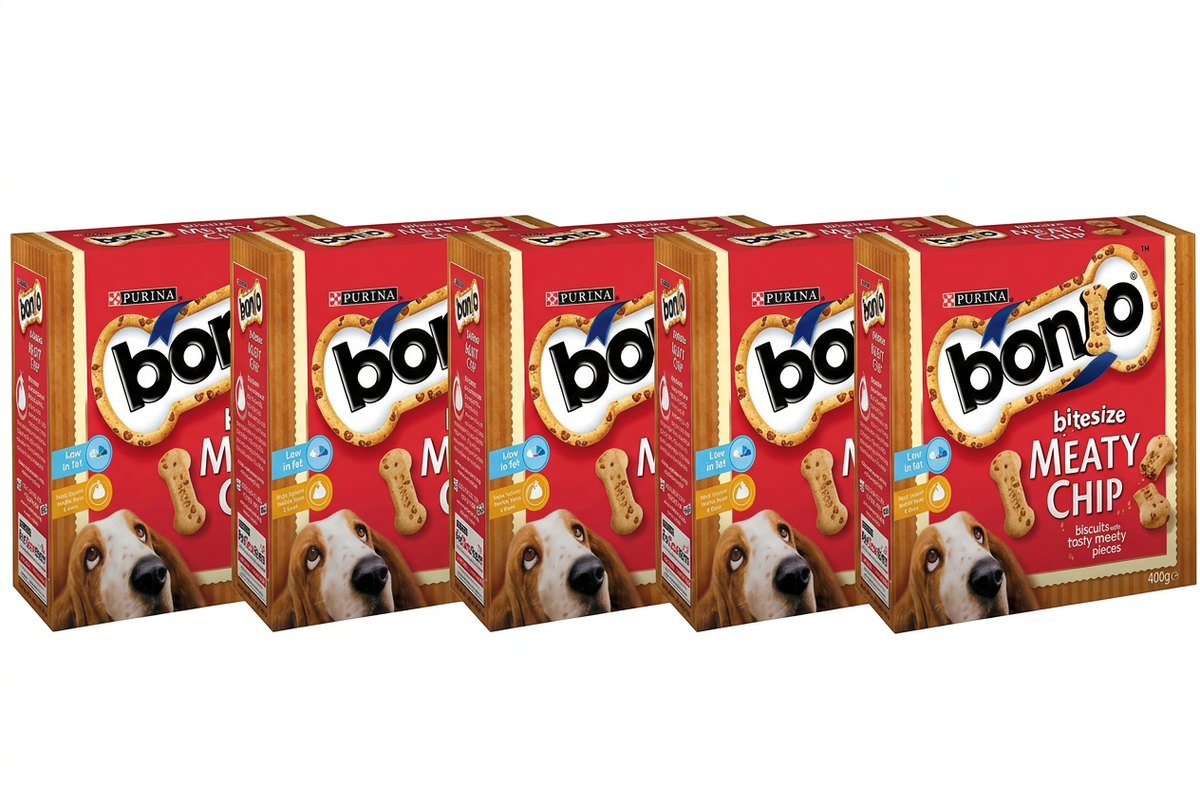 Five Bonio Meaty Chip packs side by side