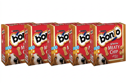 Five Bonio Meaty Chip packs side by side