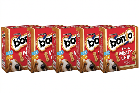 Five Bonio Meaty Chip packs side by side