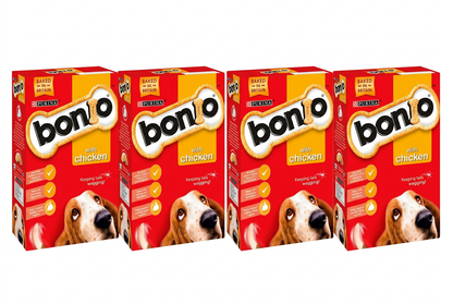 Four Bonio Chicken packs side by side