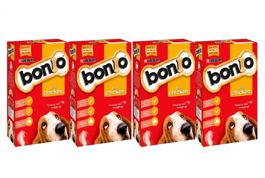 Four Bonio Chicken packs side by side