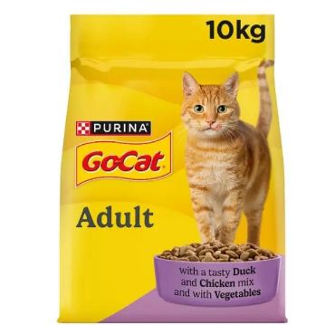 A 10kg bag of Purina GoCat Adult cat food, featuring a yellow bag with an orange tabby cat standing on it and a purple bowl of kibble at the bottom.