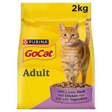 A 2kg bag of Purina GoCat Adult cat food, featuring a yellow and purple bag with an orange tabby cat standing on it, and kibble visible at the bottom.