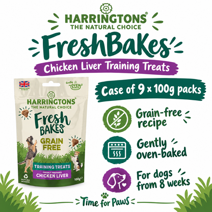Harringtons FreshBakes Chicken Liver Training Treats case of nine infographic