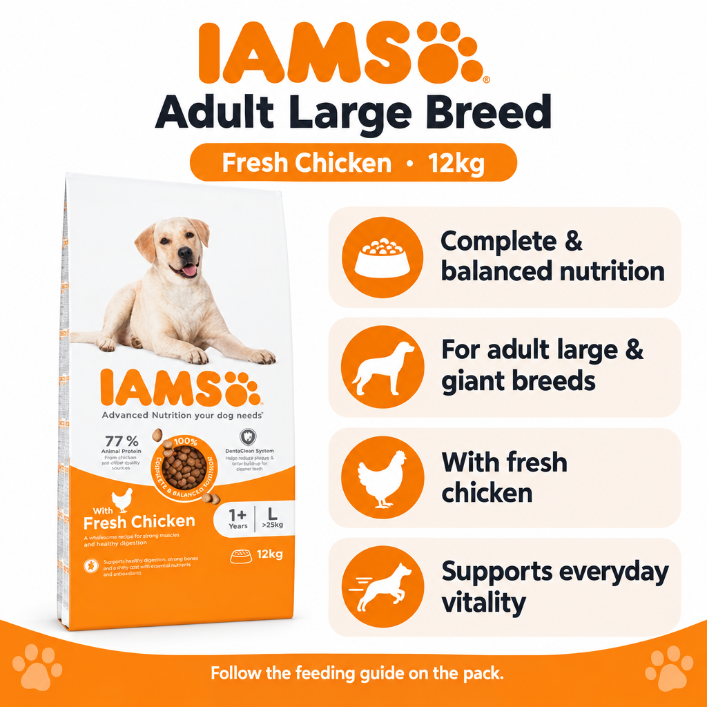 IAMS adult large breed fresh chicken 12kg infographic