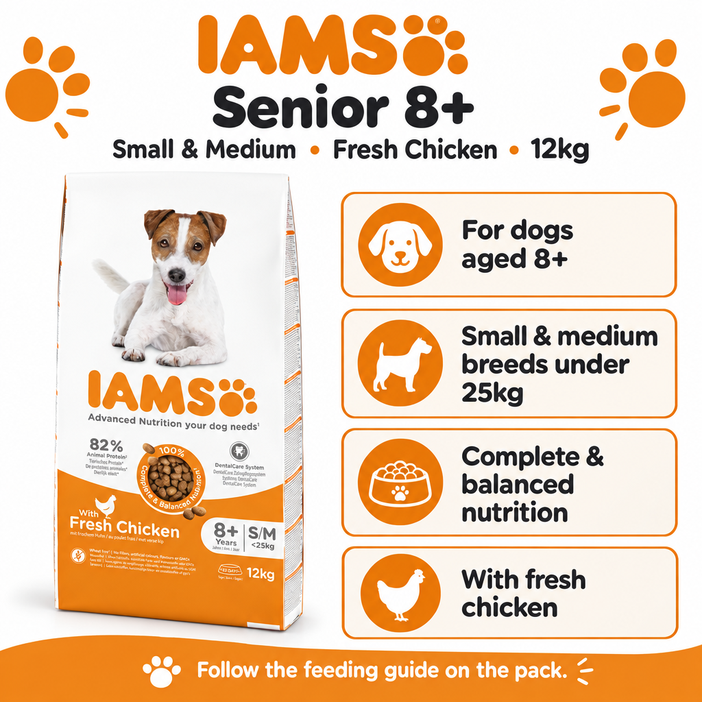 IAMS Senior 8+ small and medium dog fresh chicken 12kg infographic