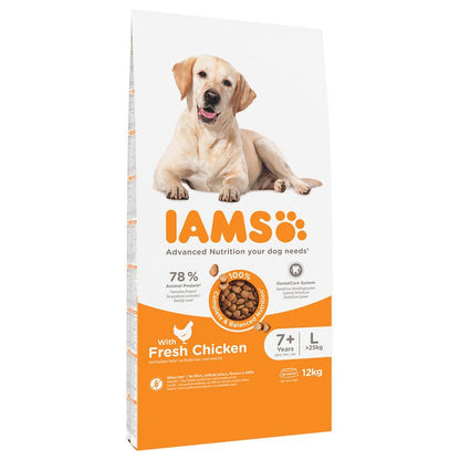 A bag of IAMS Vitality Senior 7+ Large Dog Food with an image of a golden retriever on the packaging.