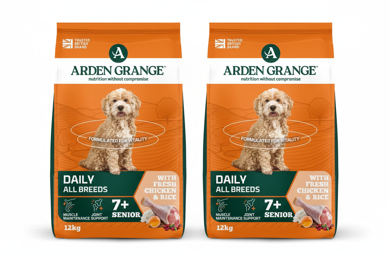 Two Arden Grange Daily All Breeds Fresh Chicken and Rice 12kg Senior 7+ dog food bags side by side on white background