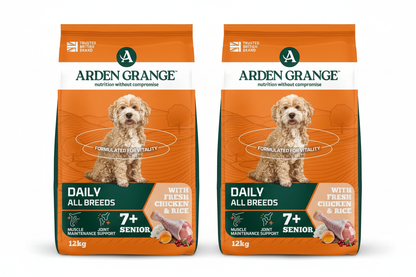 Two Arden Grange Daily All Breeds Fresh Chicken and Rice 12kg Senior 7+ dog food bags side by side on white background