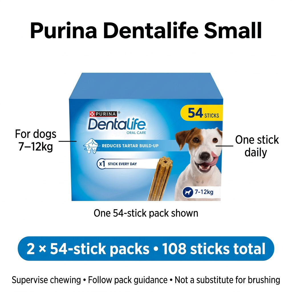 Dentalife Small infographic with one 54-stick pack shown, two packs and 108 sticks supplied, for dogs 7–12kg