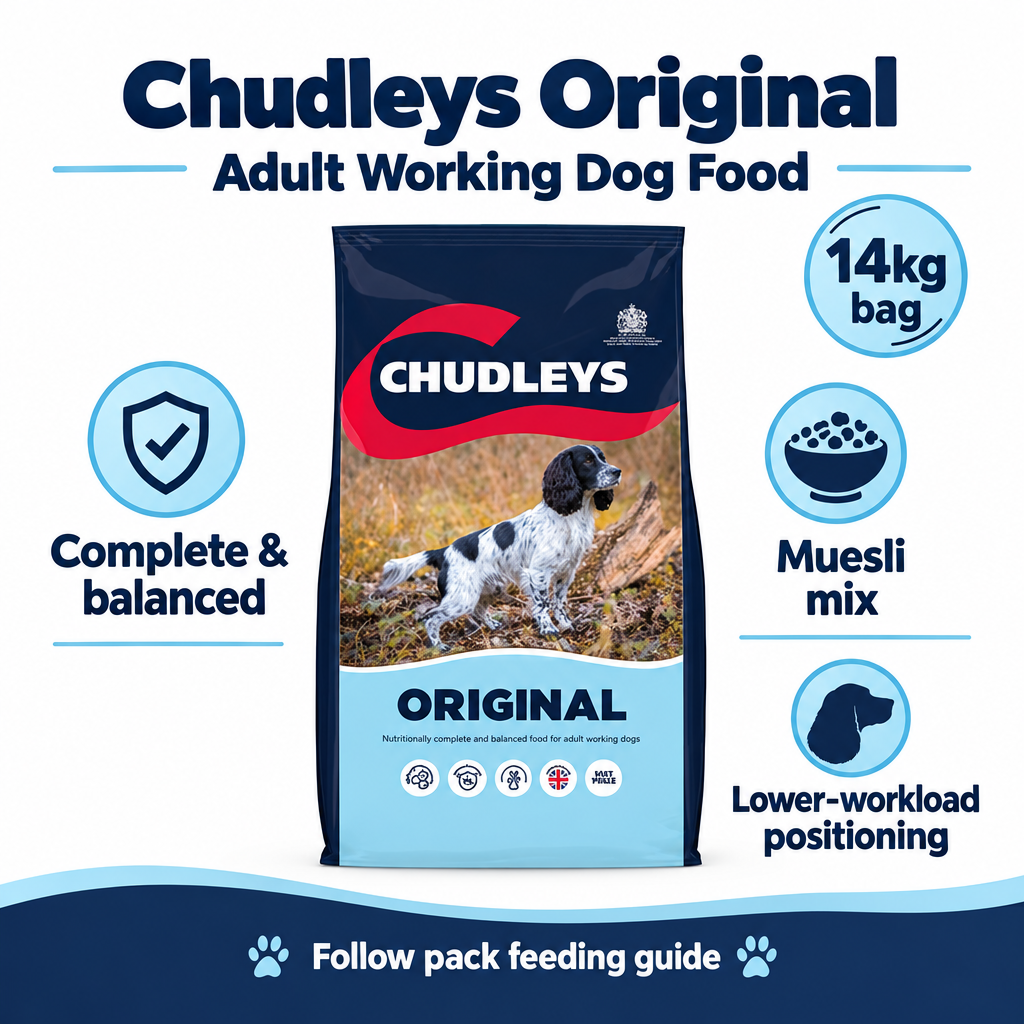 Chudleys Original 14kg infographic showing complete adult working dog food in a muesli mix