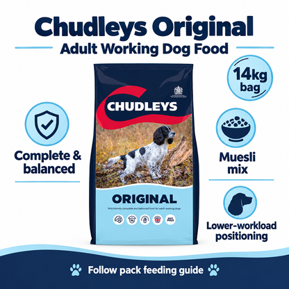 Chudleys Original 14kg infographic showing complete adult working dog food in a muesli mix