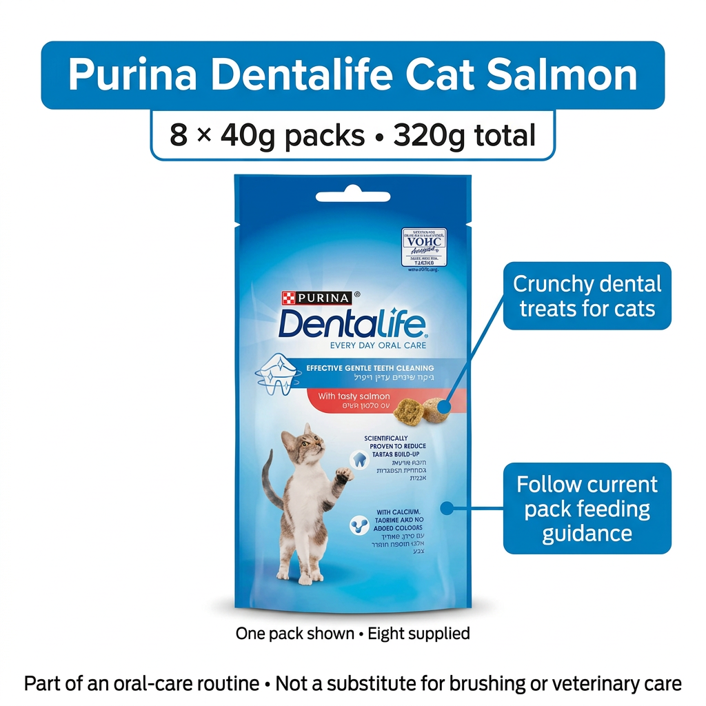 Purina Dentalife Cat Salmon infographic showing one pouch, eight 40g packs supplied and 320g total