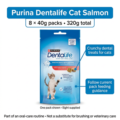Purina Dentalife Cat Salmon infographic showing one pouch, eight 40g packs supplied and 320g total