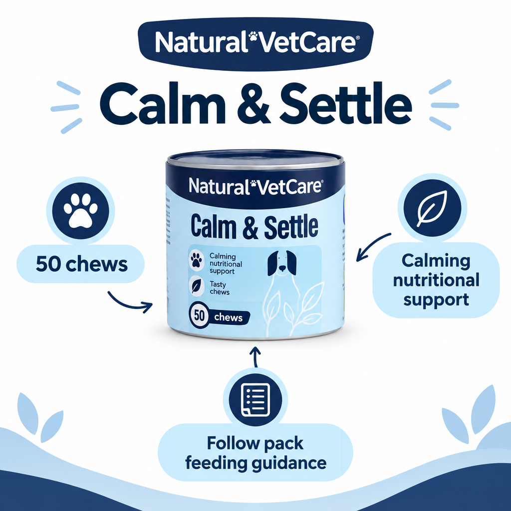 Natural VetCare Calm and Settle 50-chew tub with calming support and pack-feeding guidance