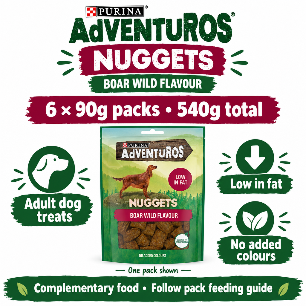 Purina Adventuros Boar Flavour Nuggets infographic showing one pouch, six 90g packs supplied and 540g total