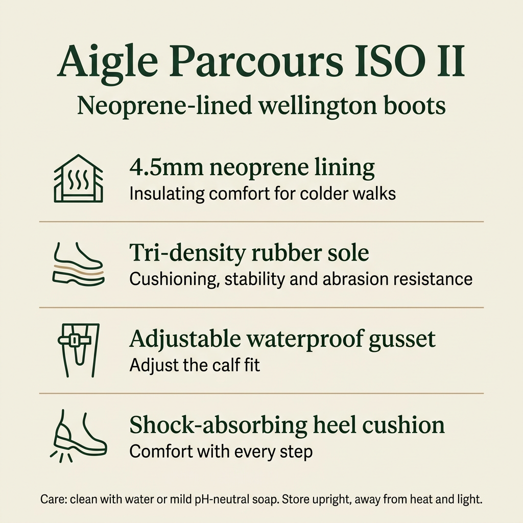 Aigle Parcours ISO II feature guide: 4.5mm neoprene lining, tri-density rubber sole, adjustable waterproof gusset and shock-absorbing heel cushion.