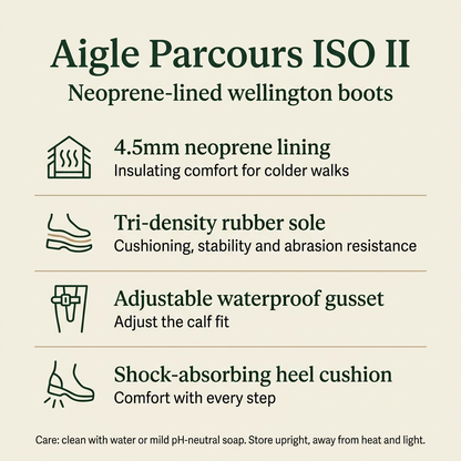 Aigle Parcours ISO II feature guide: 4.5mm neoprene lining, tri-density rubber sole, adjustable waterproof gusset and shock-absorbing heel cushion.