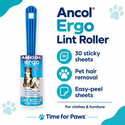 Ancol Ergo blue-handled lint roller infographic showing 30 sticky sheets, pet hair removal and easy-peel layers