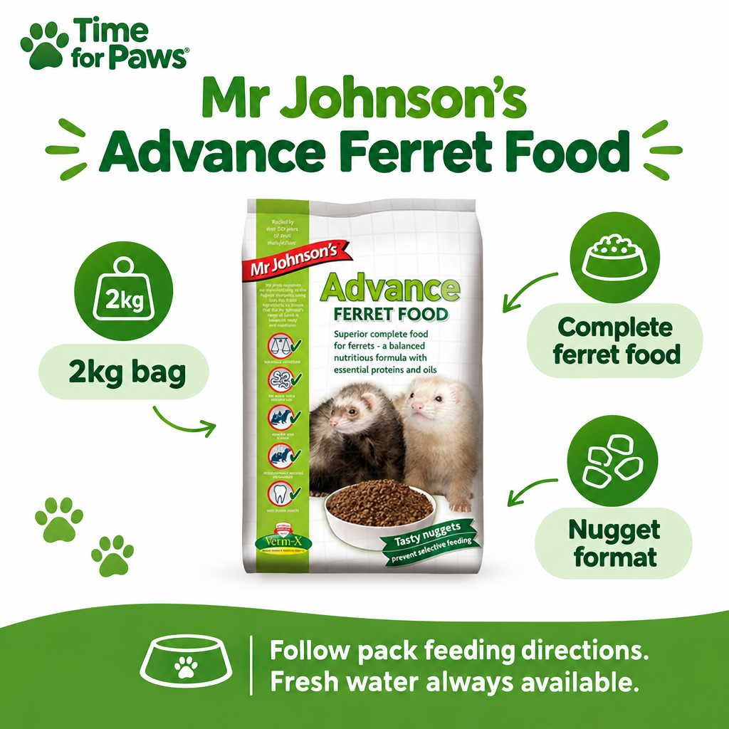 Mr Johnson's Advance Ferret Food 2kg bag with complete food and nugget-format callouts