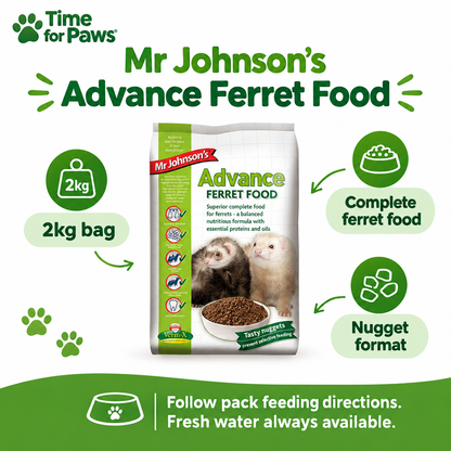 Mr Johnson's Advance Ferret Food 2kg bag with complete food and nugget-format callouts