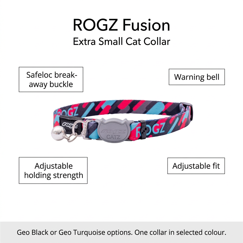 Patterned ROGZ Fusion Extra Small cat collar with grey break-away buckle and silver bell