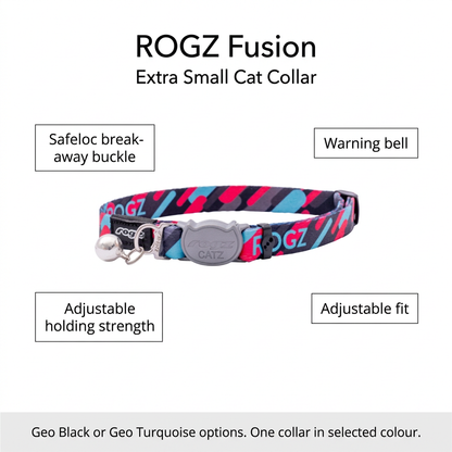 Patterned ROGZ Fusion Extra Small cat collar with grey break-away buckle and silver bell
