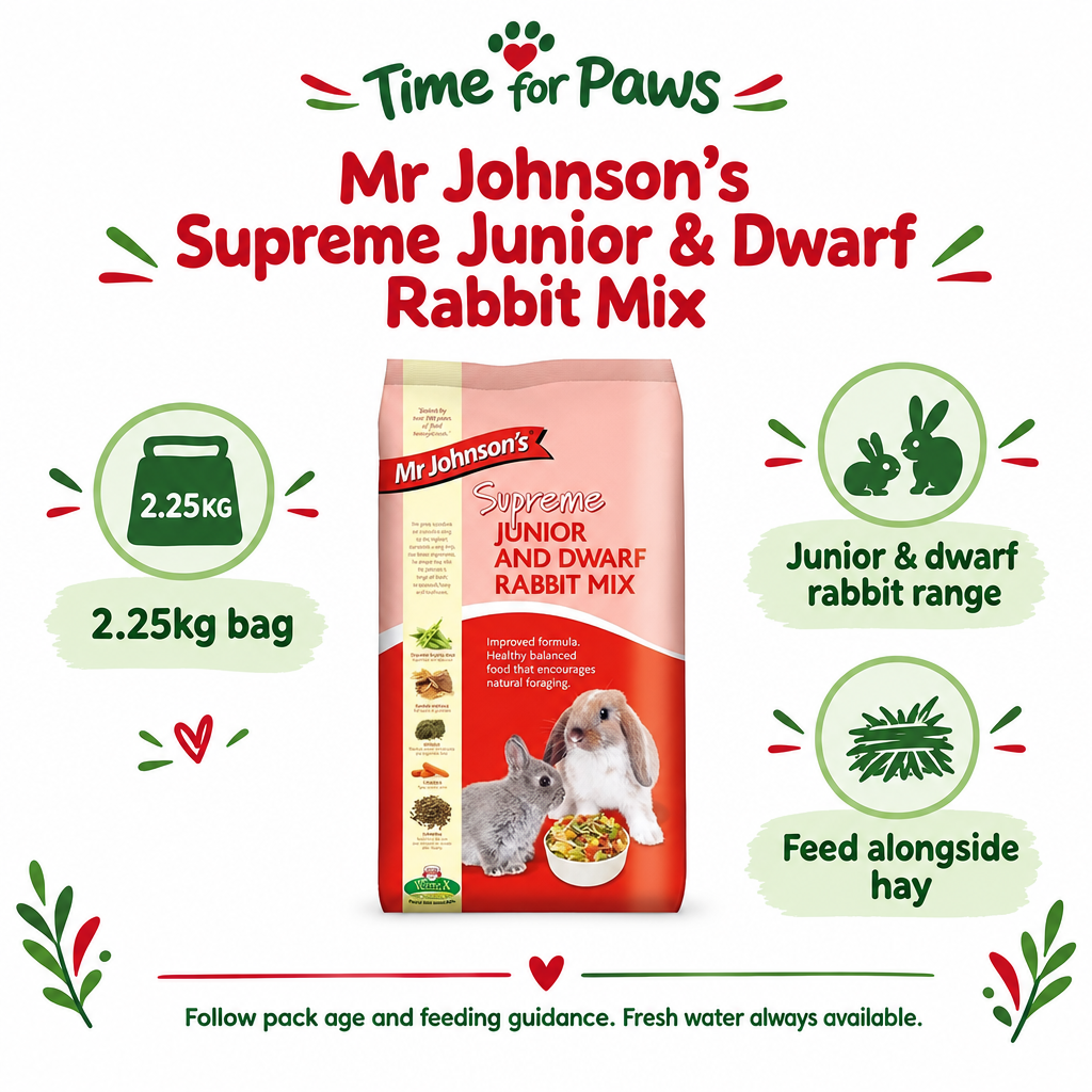 Mr Johnson's Junior and Dwarf Rabbit Mix 2.25kg bag with hay and label-led feeding guidance