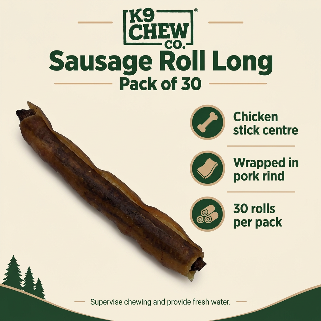 K9 Chew Co Sausage Roll Long pack of 30 infographic showing chicken stick centre and pork rind wrapping
