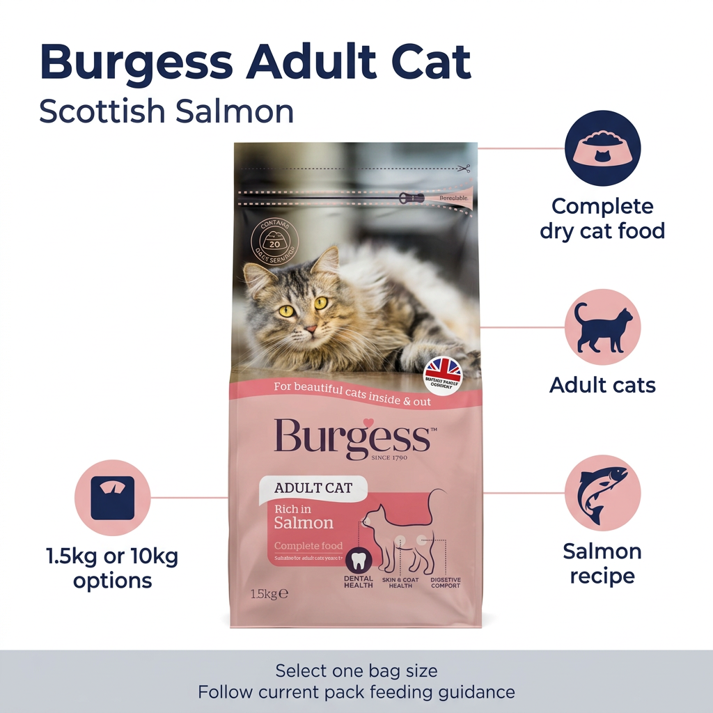 Burgess Adult Cat Scottish Salmon complete dry food with 1.5kg or 10kg bag options