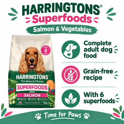 Harringtons Superfoods Salmon and Vegetables 12kg infographic showing complete adult food, grain-free recipe and six superfoods