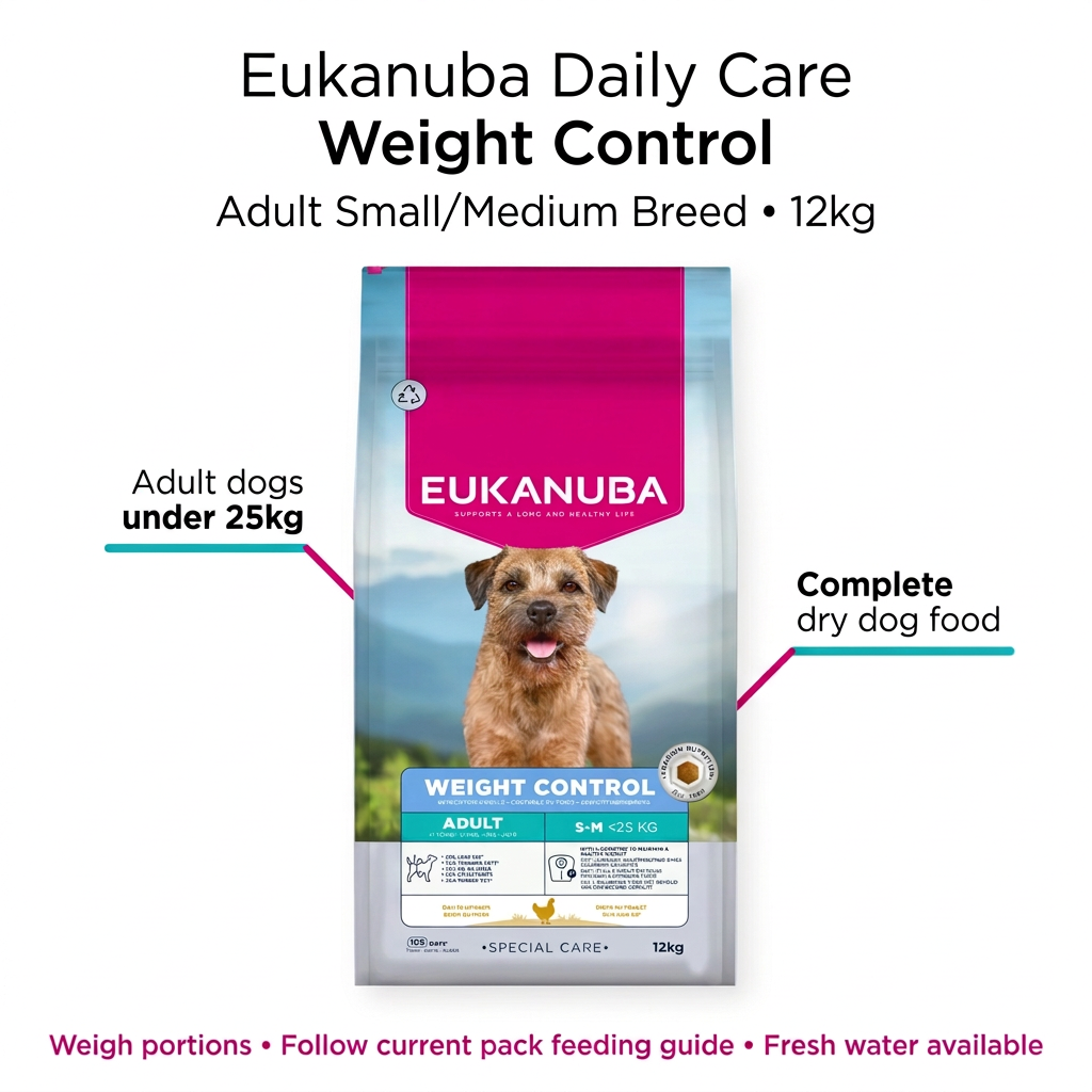 Eukanuba Daily Care Weight Control Small Medium Breed 12kg bag infographic for adult dogs under 25kg