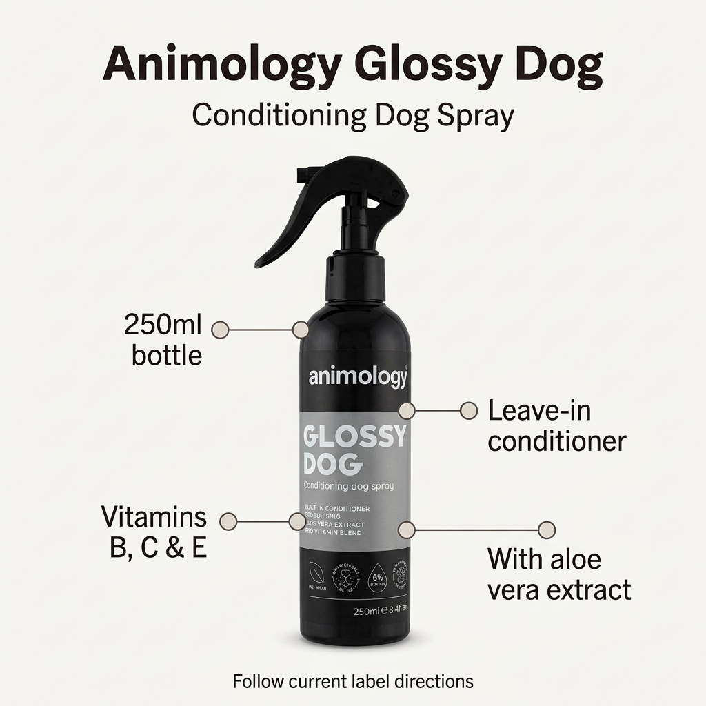 Animology Glossy Dog 250ml leave-in conditioning spray infographic