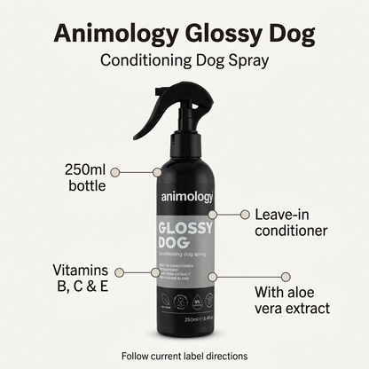 Animology Glossy Dog 250ml leave-in conditioning spray infographic