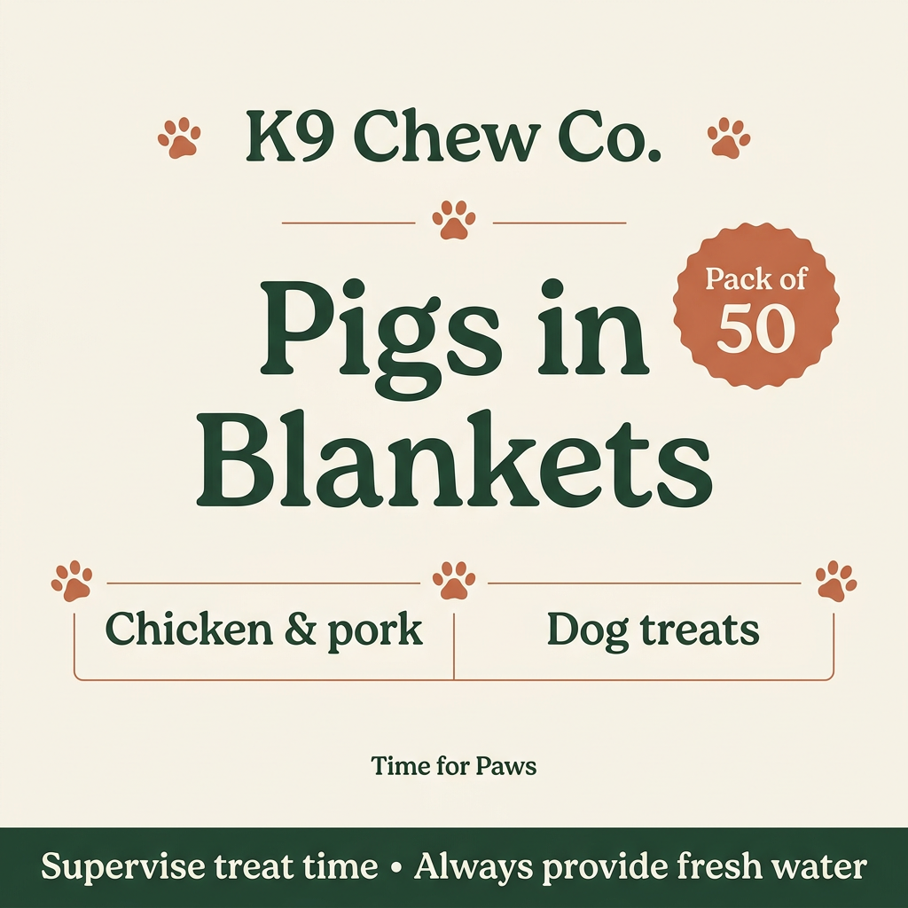K9 Chew Co. Pigs in Blankets infographic: pack of 50 chicken and pork dog treats, with supervision reminder.