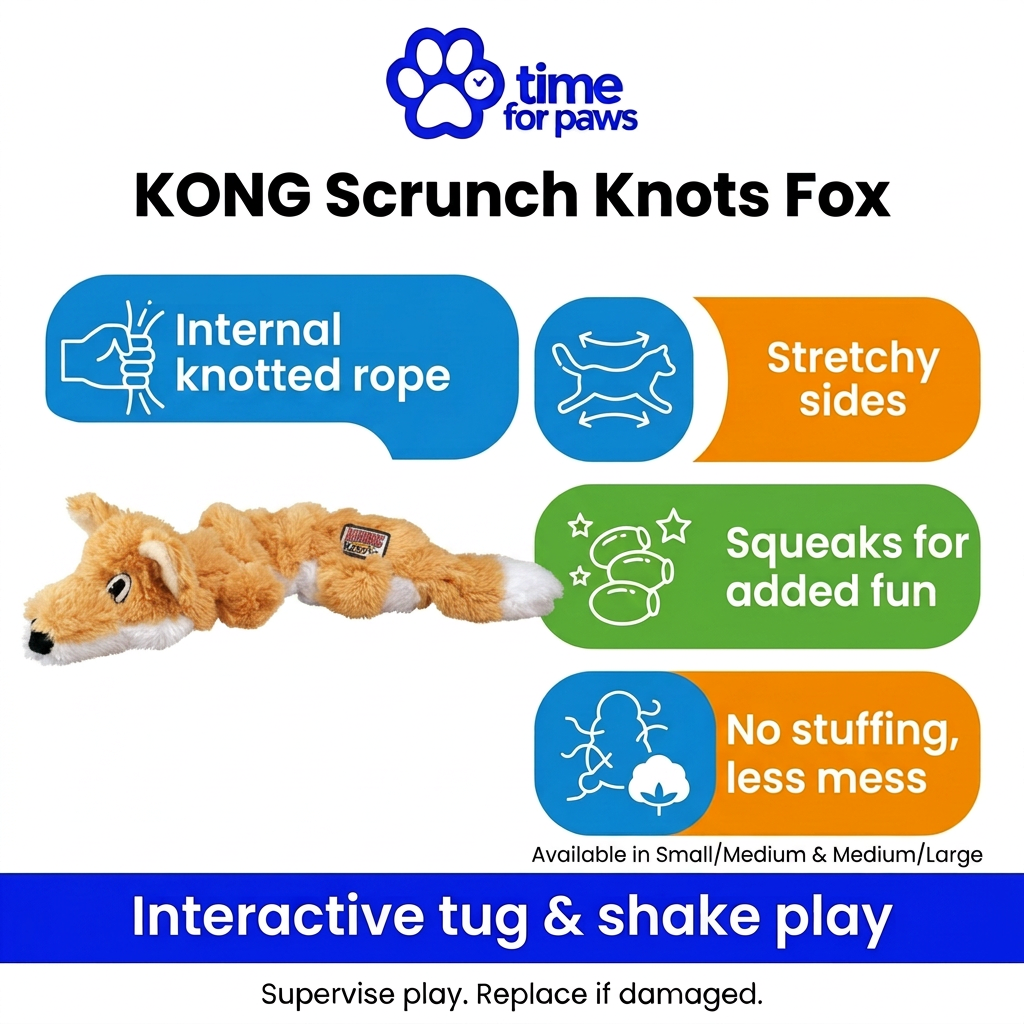 Time for Paws KONG Scrunch Knots Fox infographic: internal knotted rope, stretchy sides, squeaker and no stuffing.