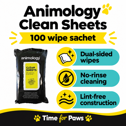 Animology Clean Sheets 100 wipe sachet infographic showing dual-sided wipes, no-rinse cleaning and lint-free construction