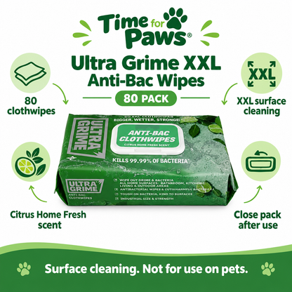 Ultra Grime 80-pack surface-cleaning infographic with Citrus Home Fresh scent and not-for-pets guidance