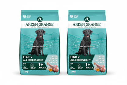 Two bags of Arden Grange Daily All Breeds Light dog food, 12kg each, featuring a teal and white design with a black dog on the front.