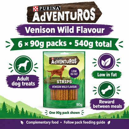 Purina Adventuros Venison Flavour Strips infographic showing one 90g pouch, six packs supplied and 540g total