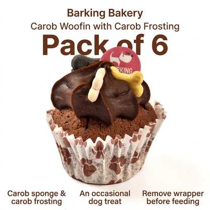 Barking Bakery Carob Woofin with carob frosting pack of six infographic, with occasional-treat and wrapper-removal guidance.