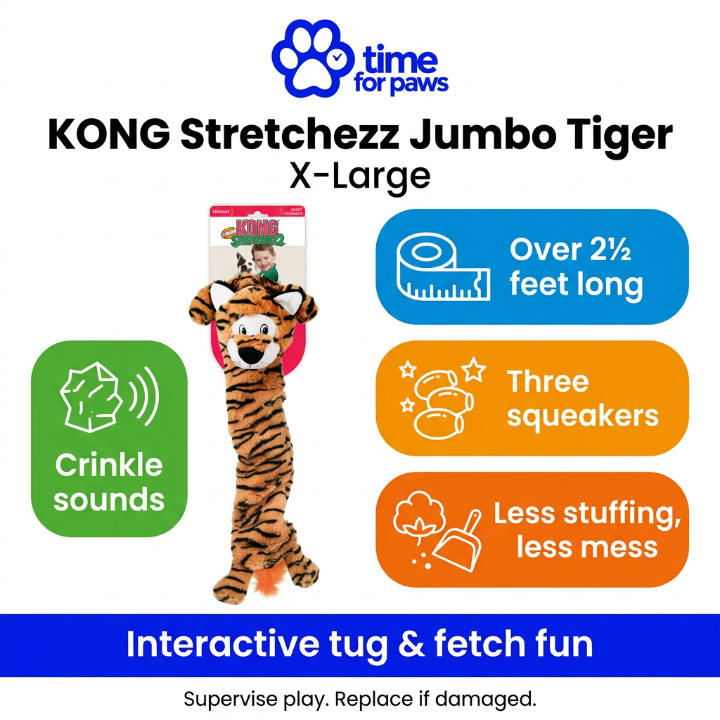 Time for Paws KONG Stretchezz Jumbo Tiger X-Large infographic showing the toy and four play features.