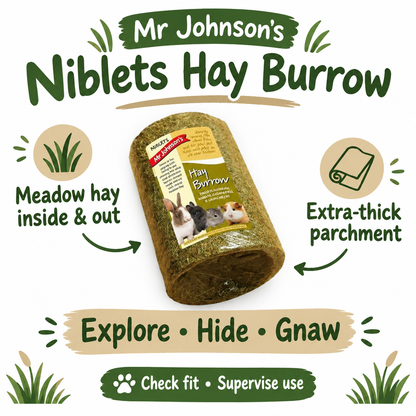 Mr Johnson's Hay Burrow tunnel with meadow hay coating and fit-checking and supervised-use guidance
